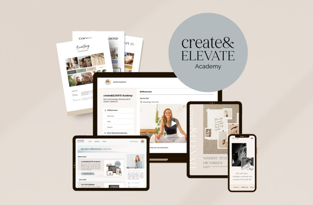 Mockup create&ELEVATE Academy von MAVI Concepts: zeigt verschiedene digitale Geräte und gibt Einblicke in Kursplattform, Vorlagen & Workbooks